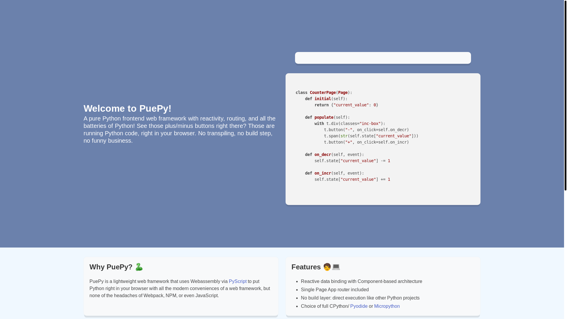 website screenshot of https://puepy.dev/