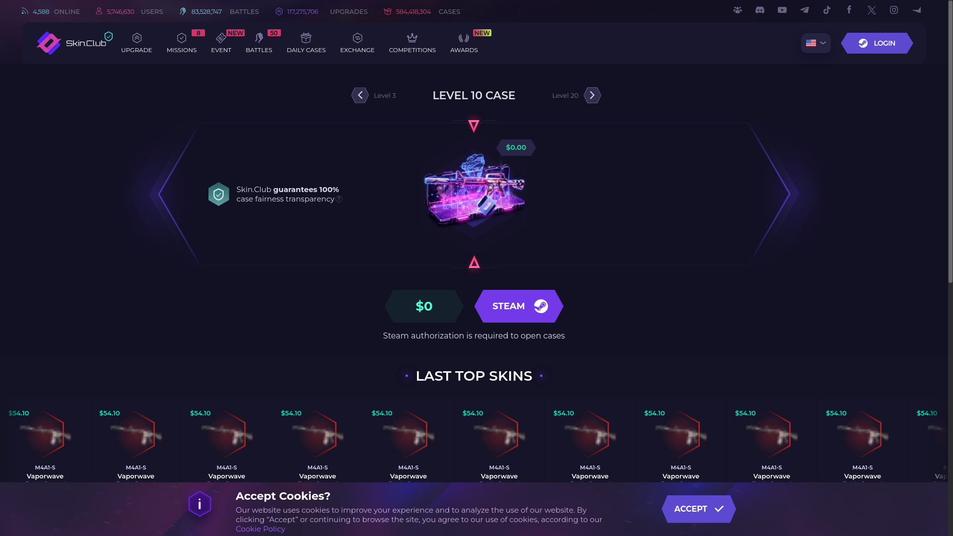 website screenshot of https://skin.club/en/cases/open/lvl-10