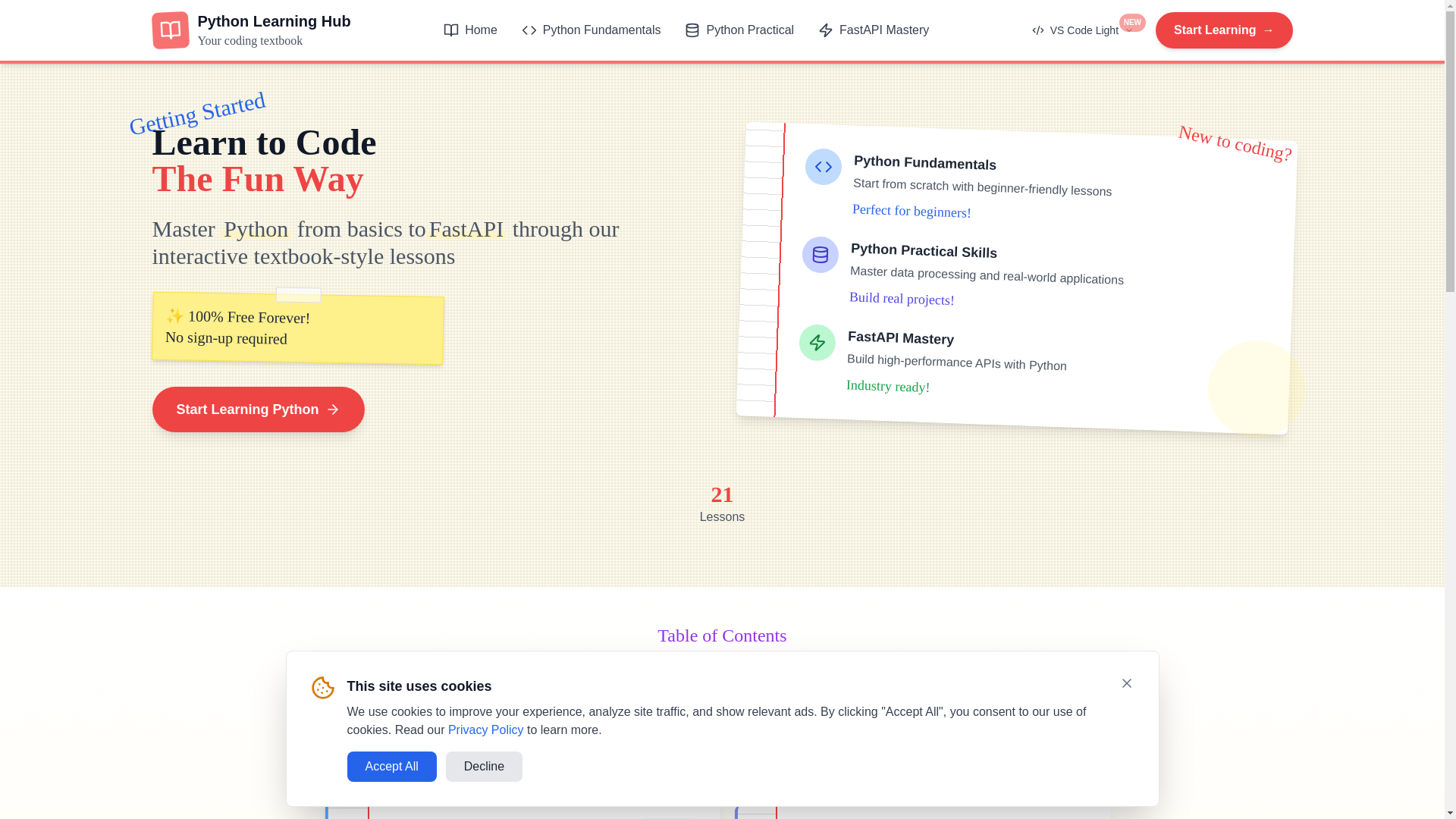 website screenshot of https://python-learninghub.com/