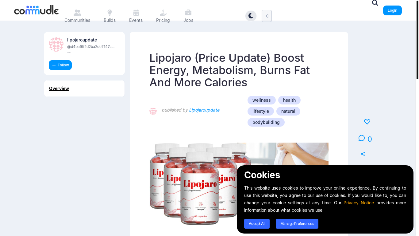 website screenshot of https://www.commudle.com/labs/lipojaro-price-update-boost-energy-metabolism-burns-fat-and-more-calories
