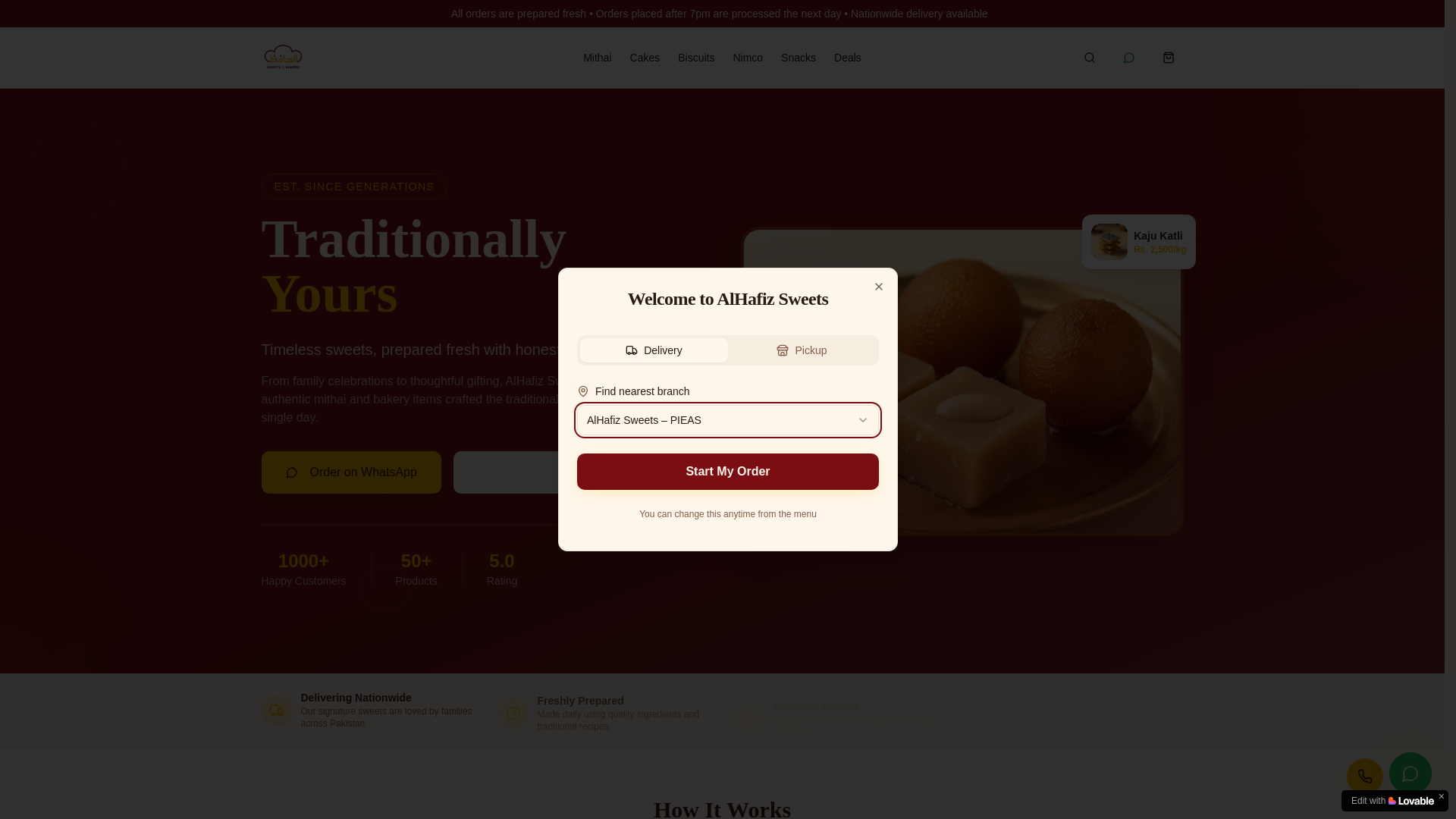 website screenshot of https://alhafizsweets.store/