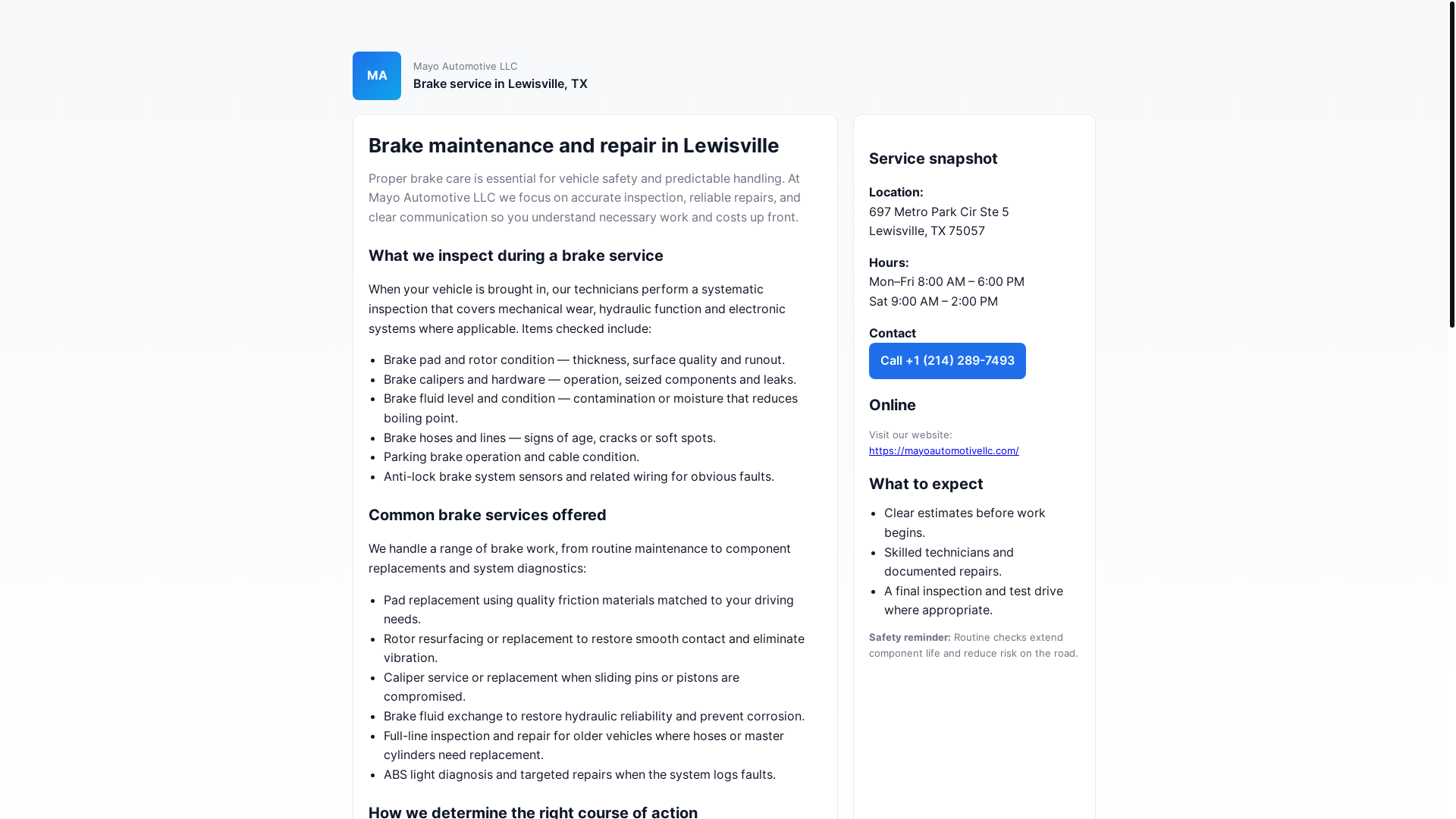 website screenshot of https://brake-services-lewisville-tx-8x4.pages.dev/