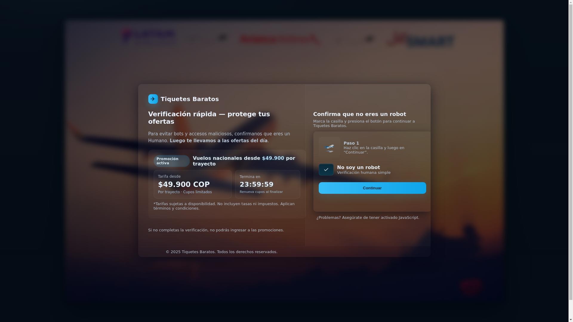 website screenshot of https://tiquetesbaratisimos.site/