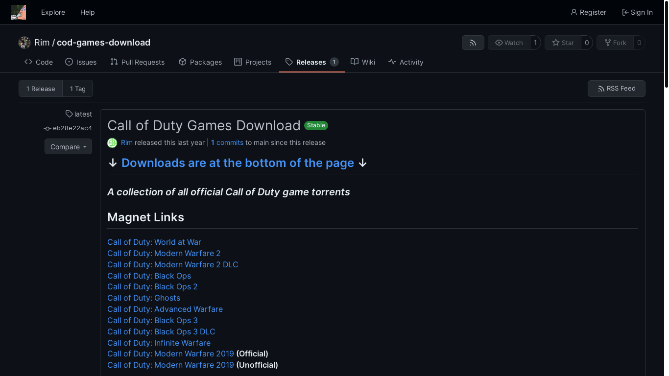 website screenshot of https://git.rimmyscorner.com/Rim/cod-games-download/releases