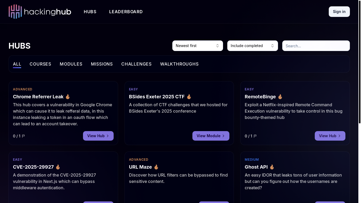 website screenshot of https://app.hackinghub.io/