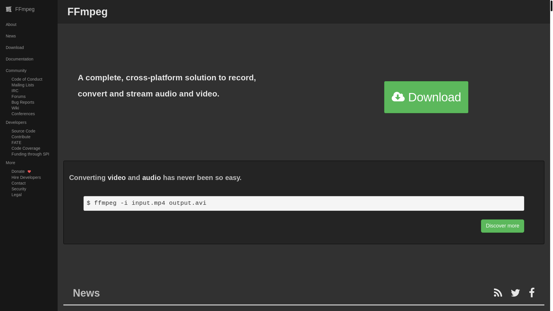 website screenshot of https://ffmpeg.org/