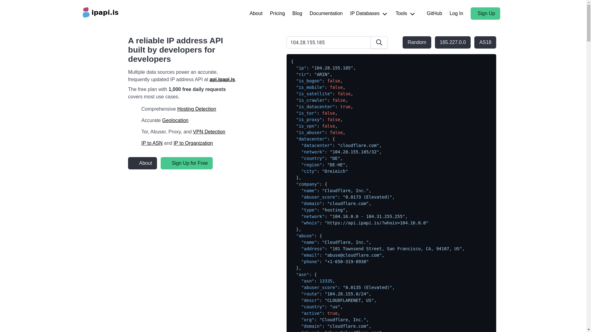 website screenshot of https://ipapi.is/