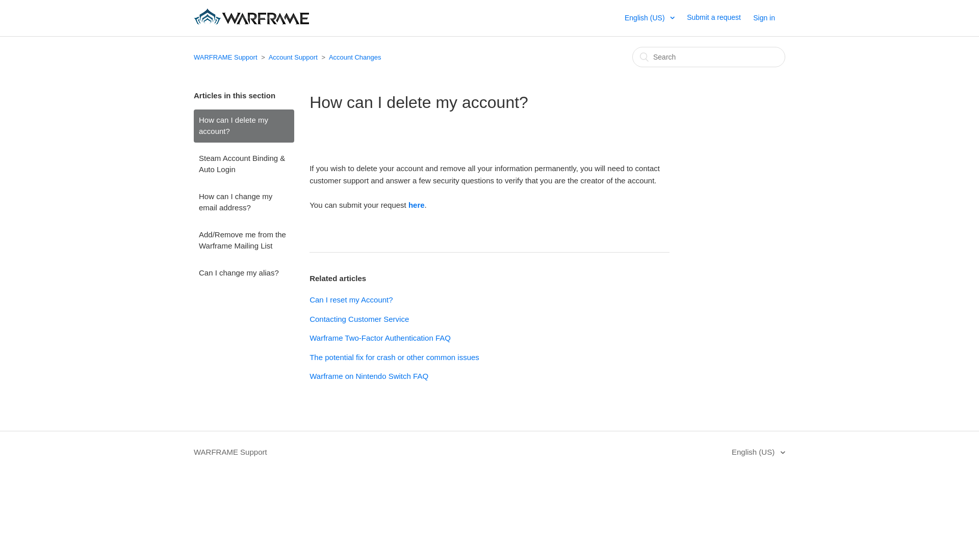 website screenshot of https://support.warframe.com/hc/en-us/articles/203728870-How-can-I-delete-my-account