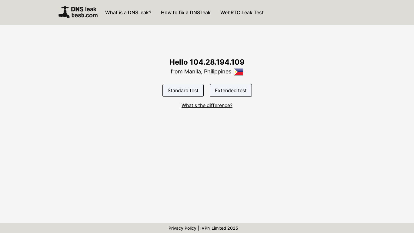website screenshot of https://dnsleaktest.com/