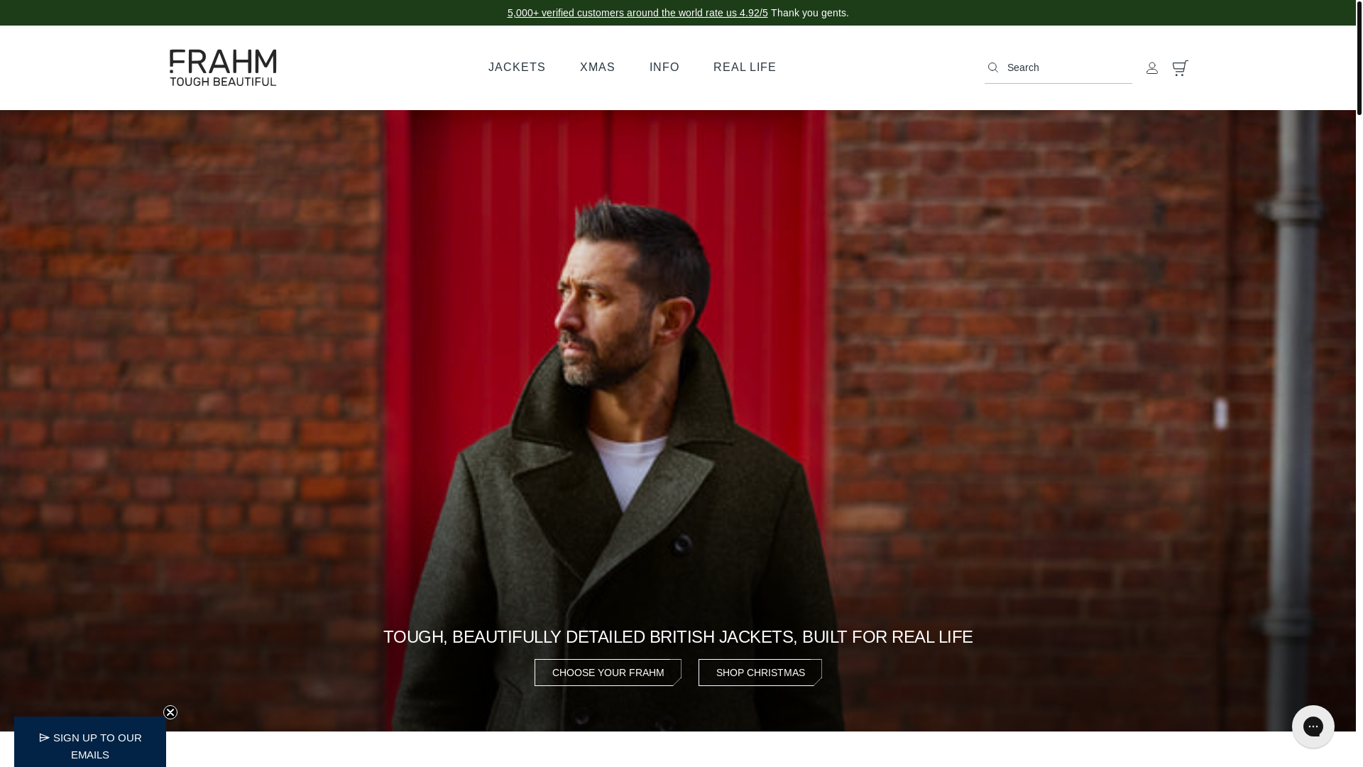 website screenshot of https://frahmjacketmote.us/