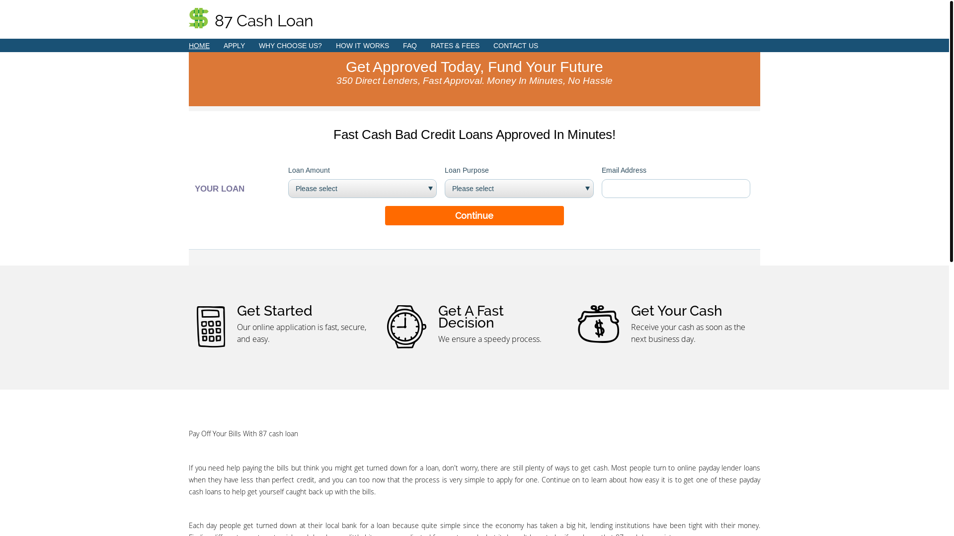 website screenshot of https://87cashloans.com/