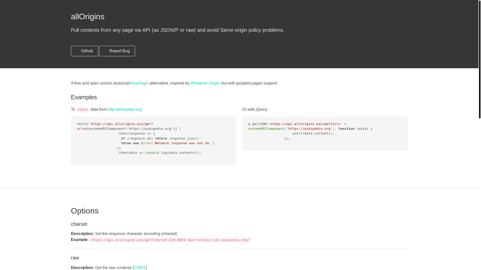 website screenshot of https://allorigins.win