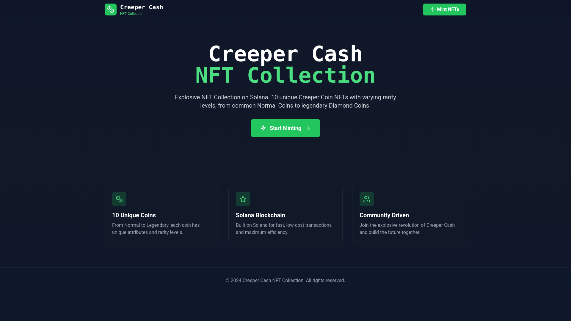 website screenshot of https://creepercashnft.store/
