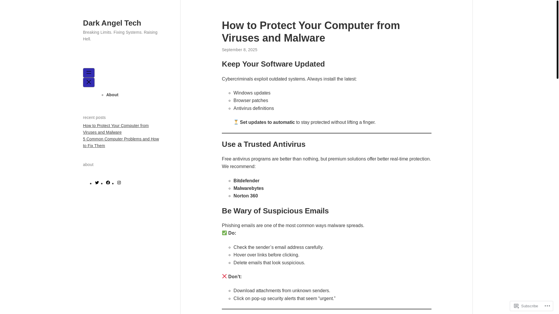 website screenshot of https://darkangeltechblog.club/