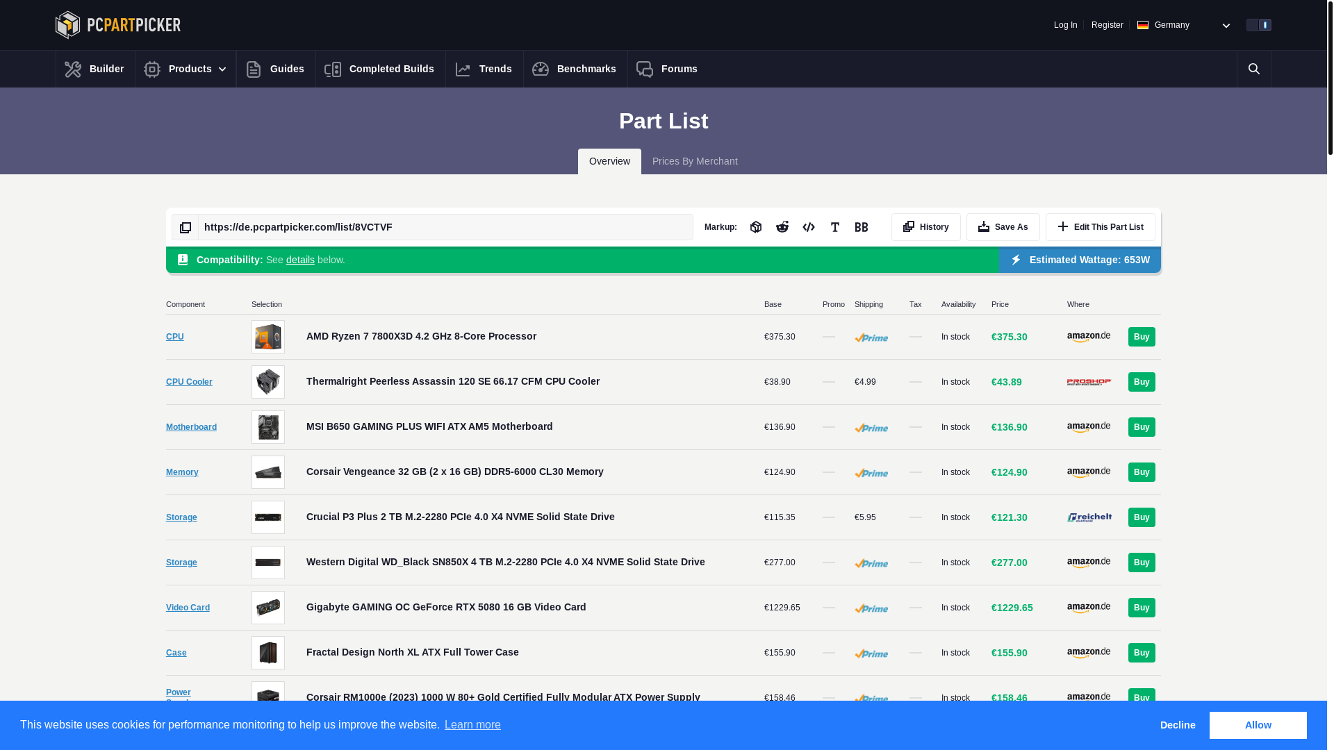 website screenshot of https://de.pcpartpicker.com/list/8VCTVF