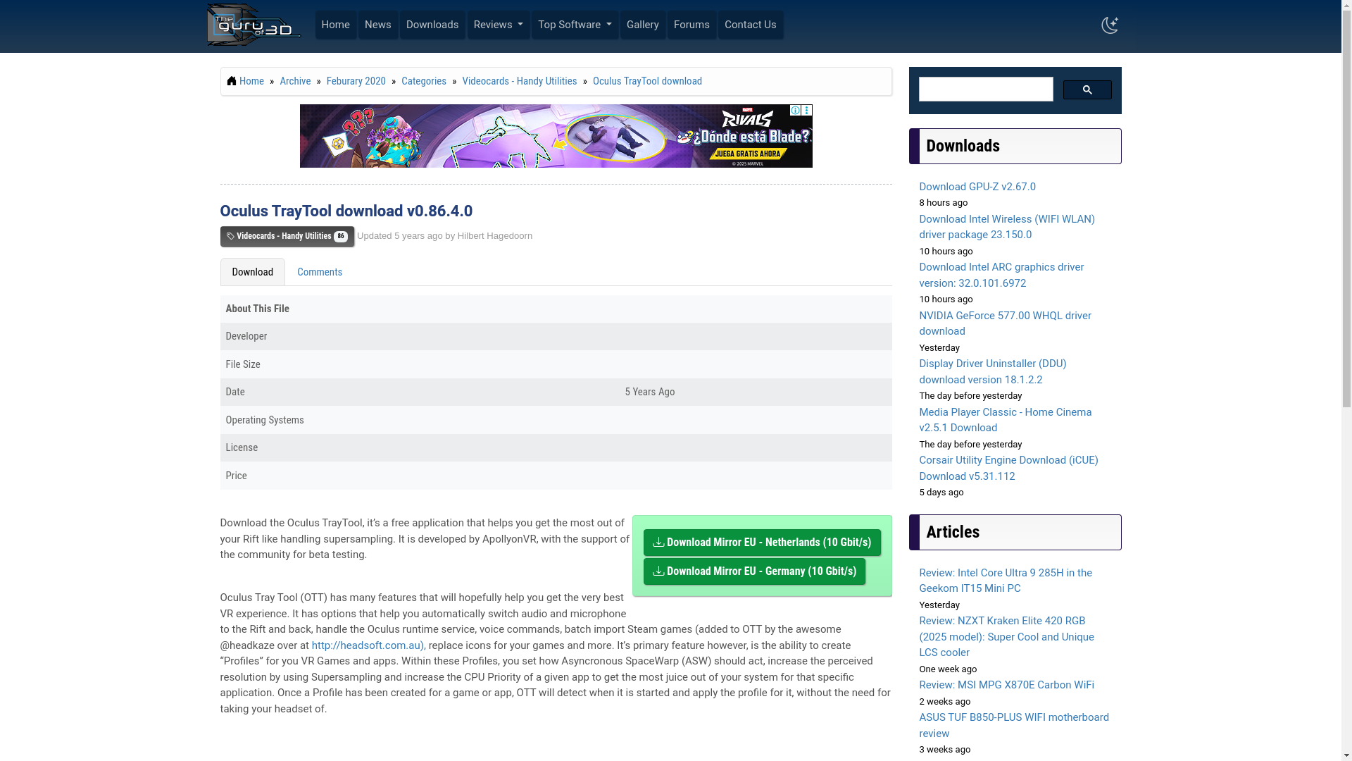 website screenshot of https://www.guru3d.com/download/oculus-traytool-download/
