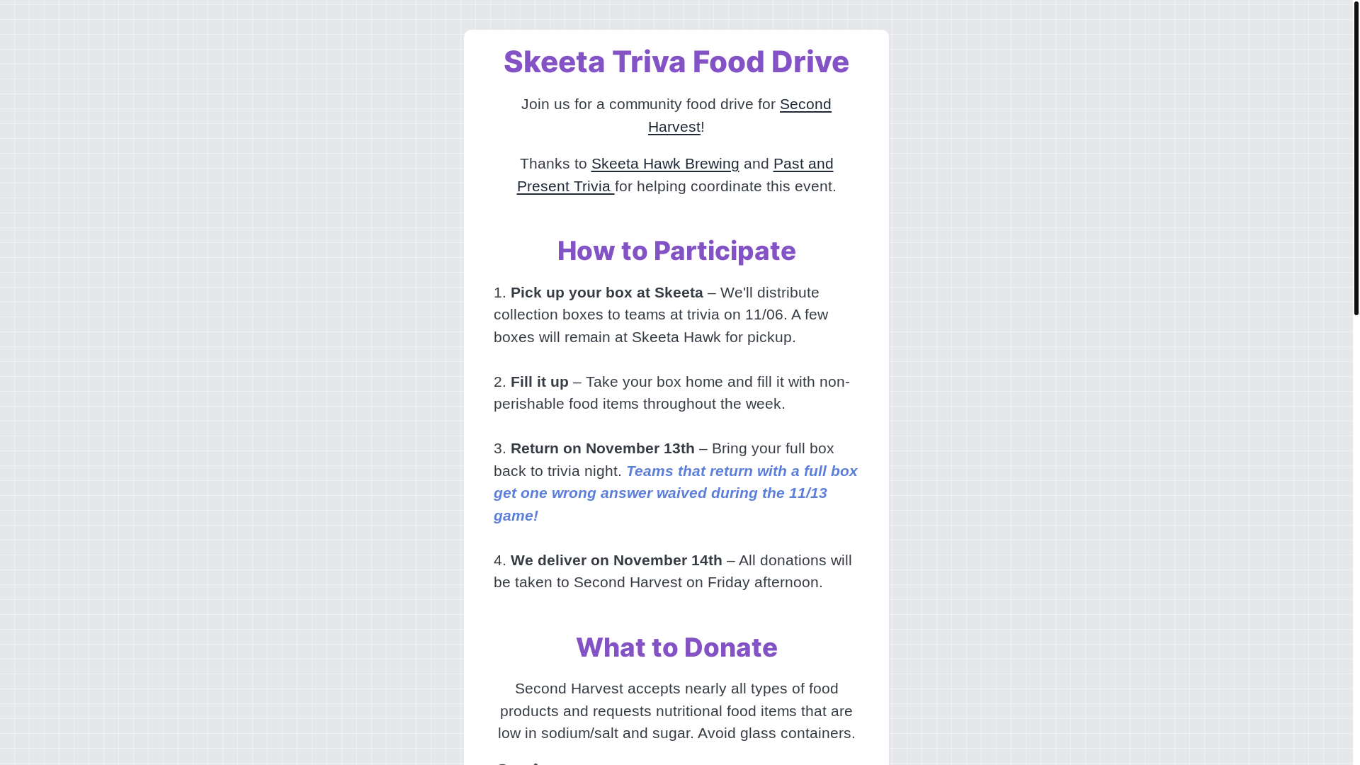 website screenshot of https://skeetatriviafooddrive.pages.dev/