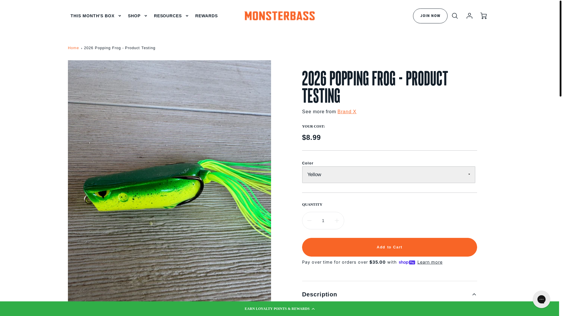 website screenshot of https://monsterbass.com/products/2026-popping-frog-product-testing
