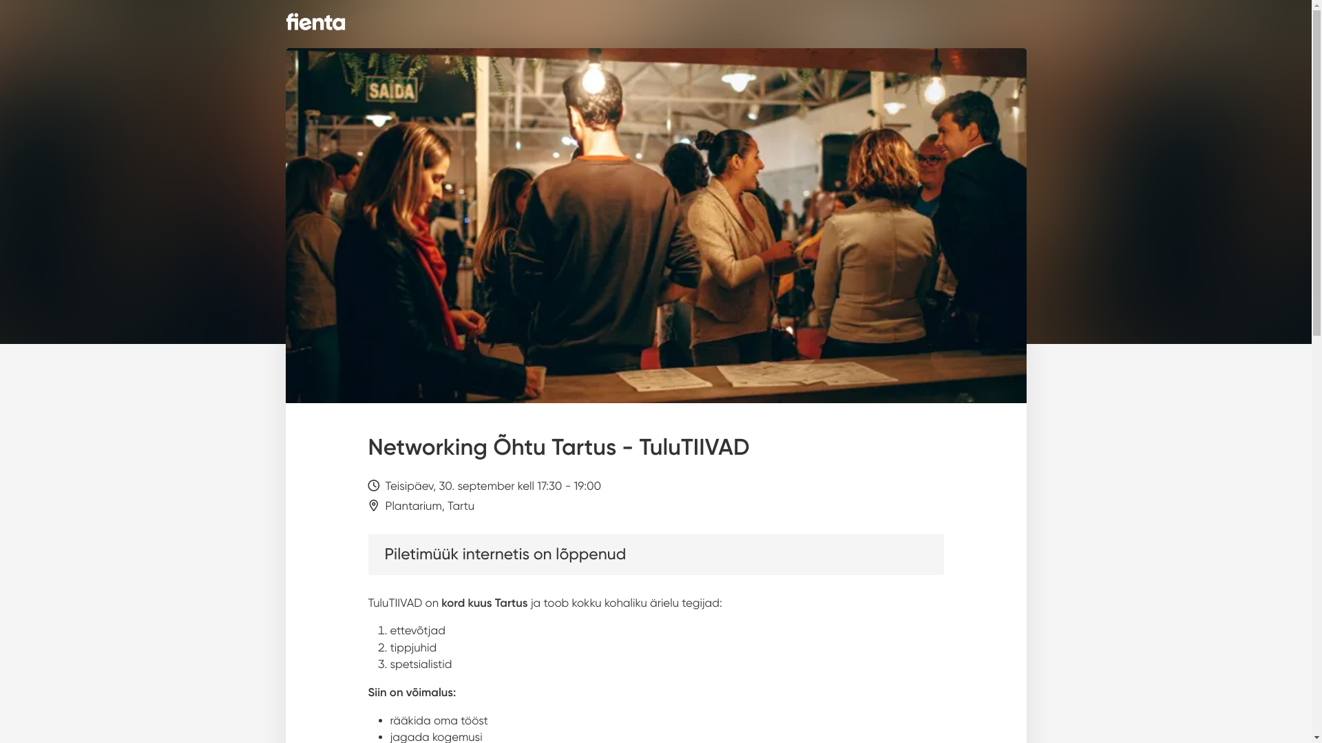 website screenshot of https://fienta.com/et/networking-ohtu-tartus-tulutiivad-148686