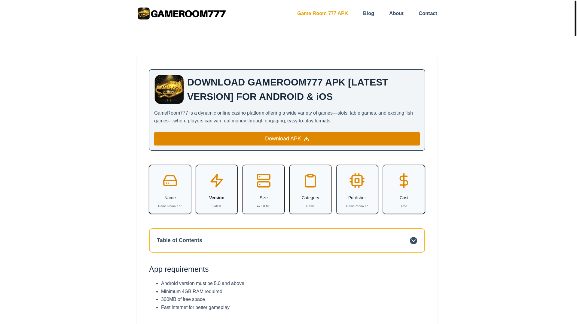 website screenshot of https://gameroom777.io/