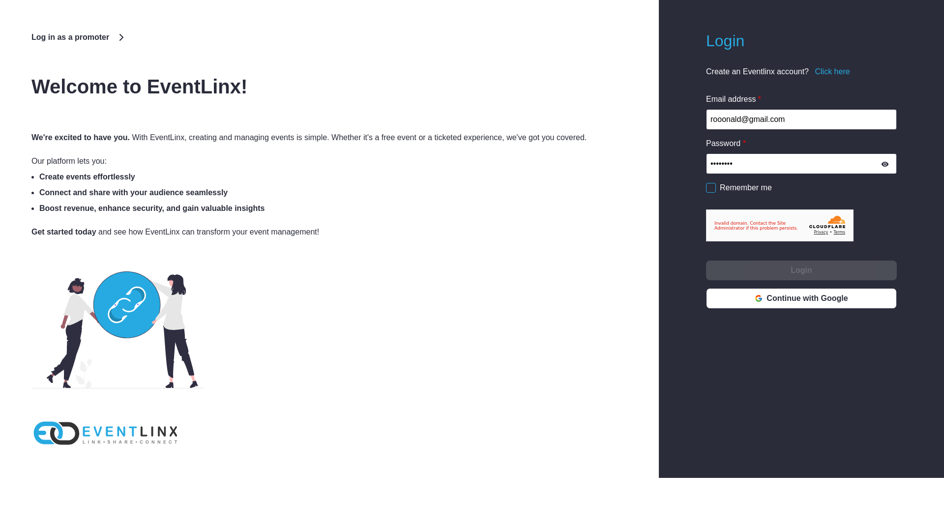 website screenshot of https://eventlinx-promoter-staging-dev.pages.dev/