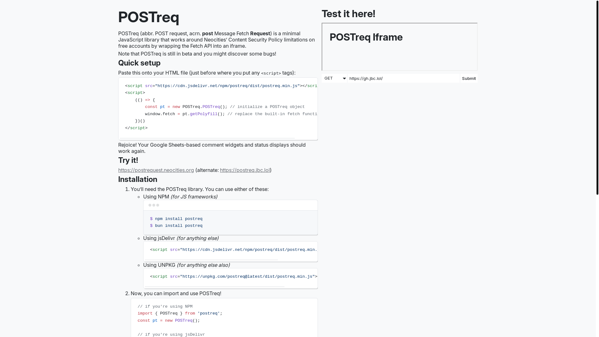 website screenshot of https://postrequest.neocities.org/