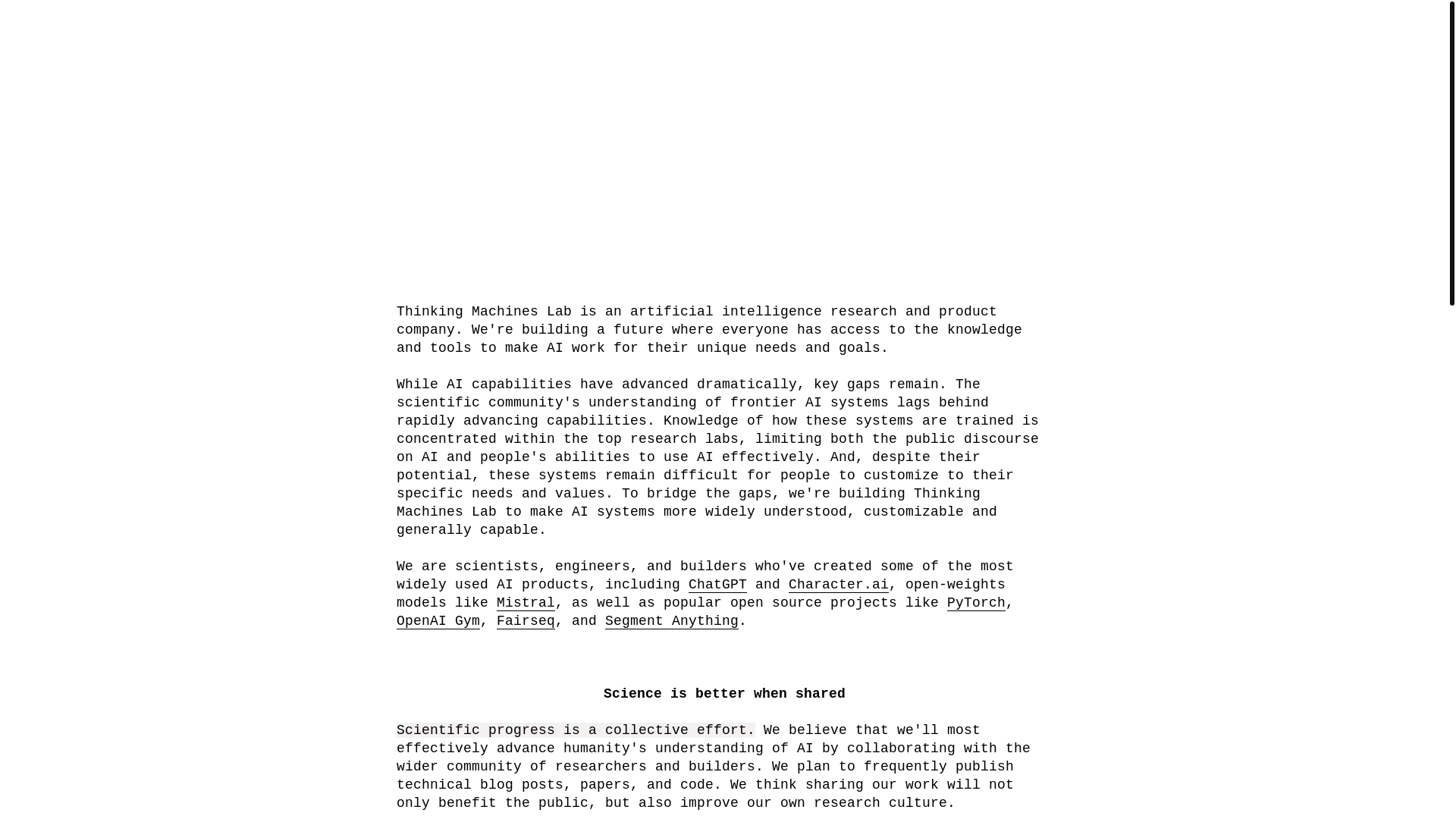 website screenshot of https://thinkingmachines.ai/