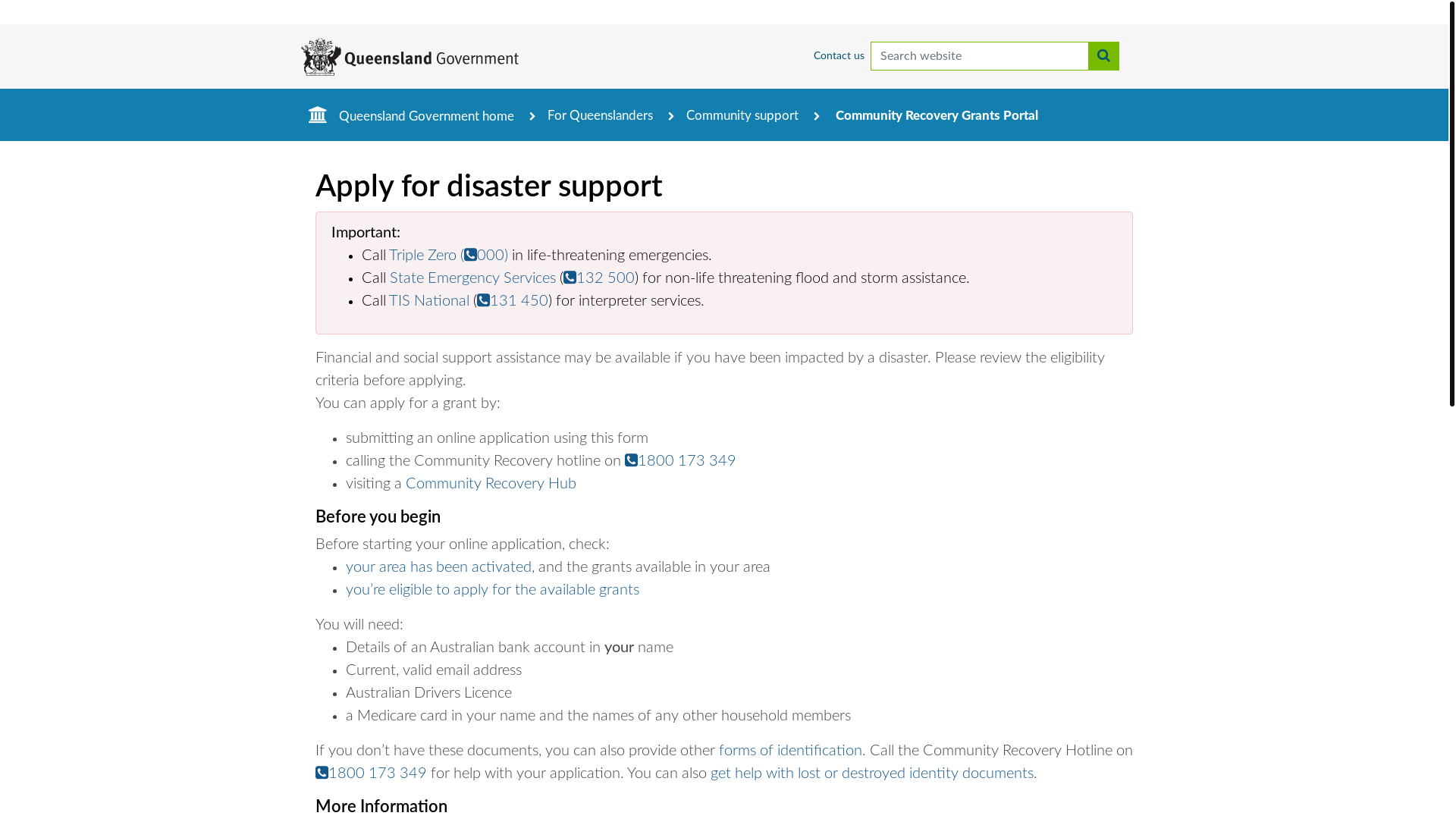 website screenshot of https://www.communityrecovery.qld.gov.au/