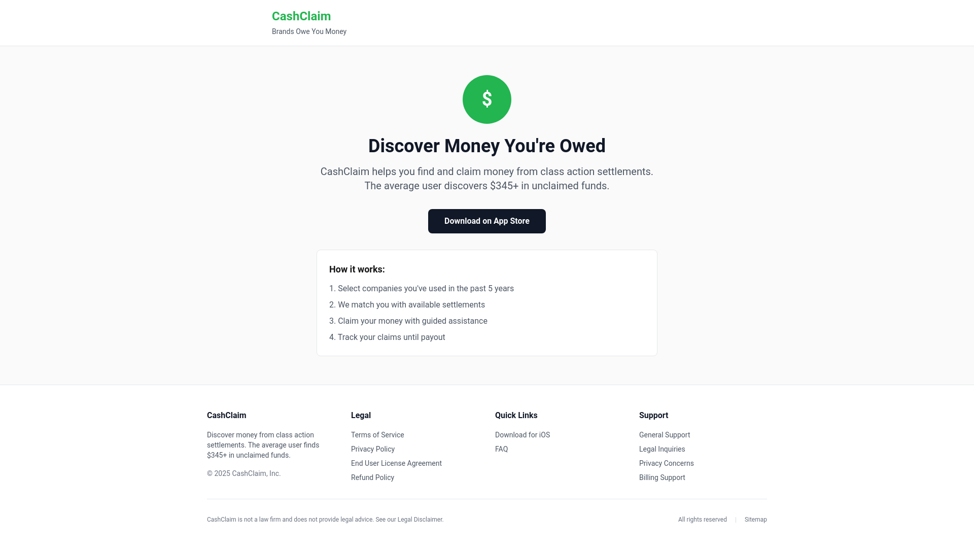 website screenshot of https://cashclaim.app/
