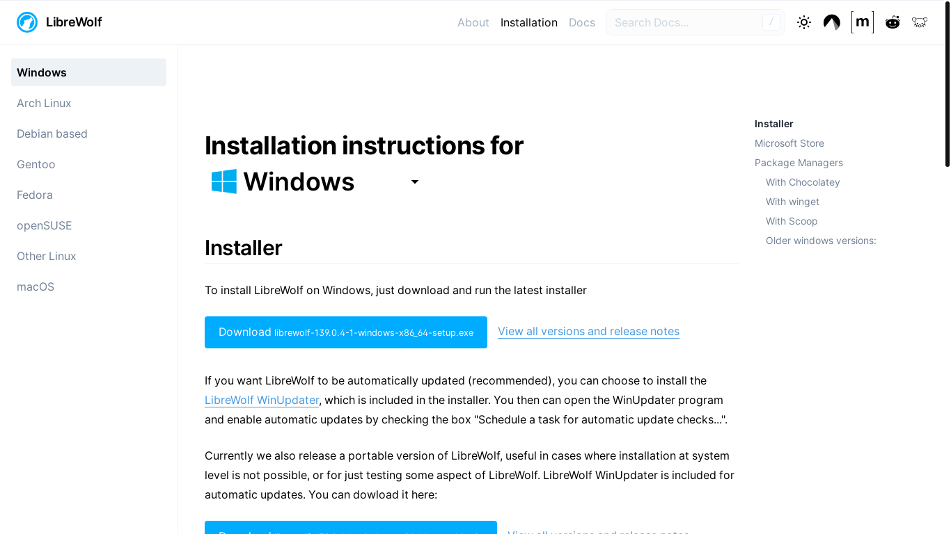 website screenshot of https://librewolf.net/installation/windows/