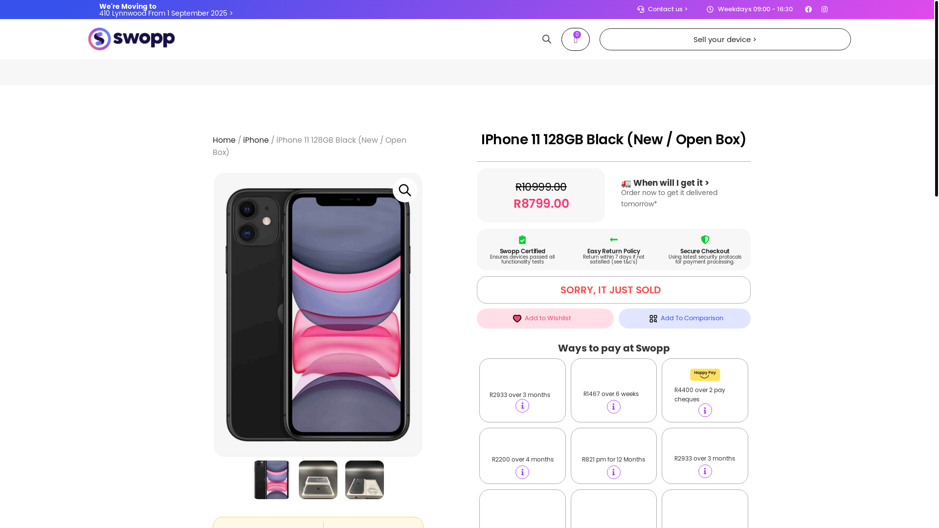 website screenshot of https://swopp.co.za/product/iphone-11-128gb-black-new-open-box/