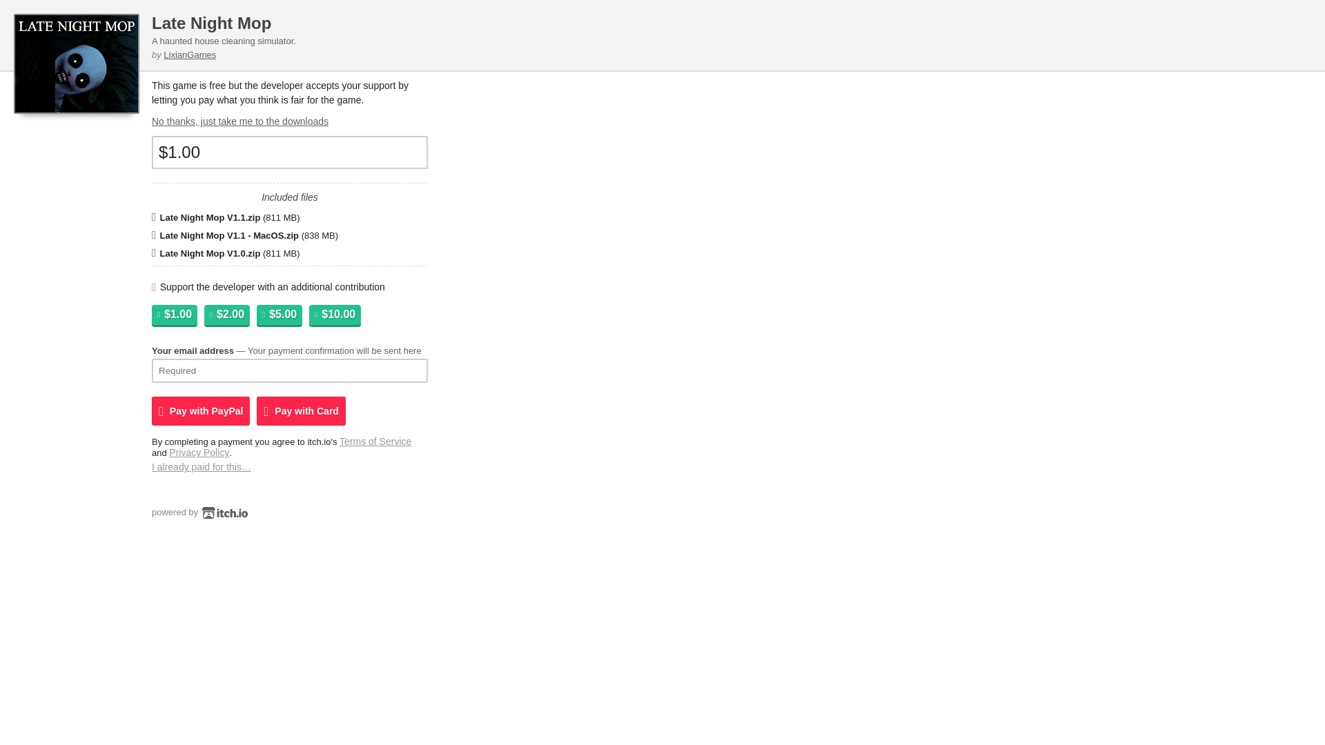 website screenshot of https://lixiangames.itch.io/late-night-mop/purchase