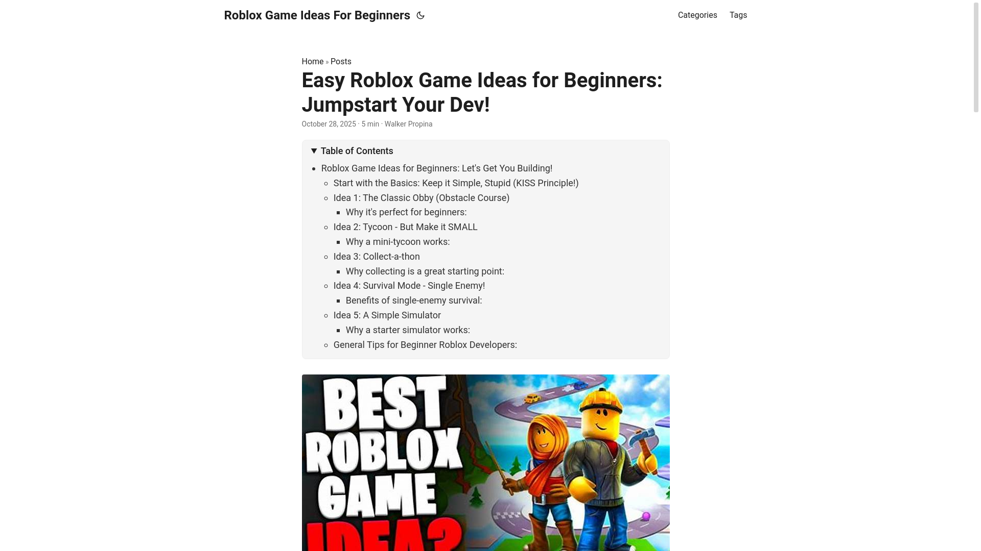 website screenshot of https://roblox-game-ideas-for-beginners.pages.dev/