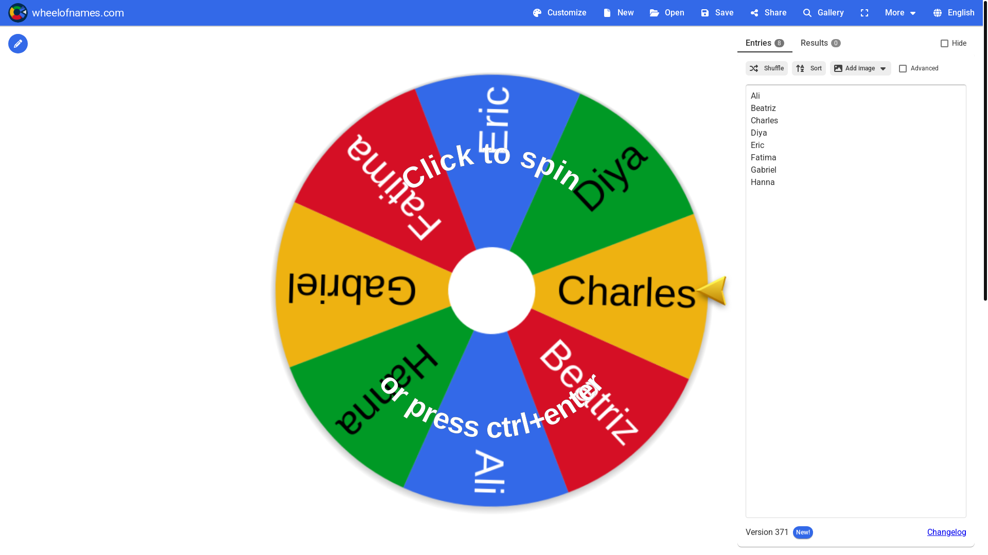 website screenshot of https://wheelofnames.com/