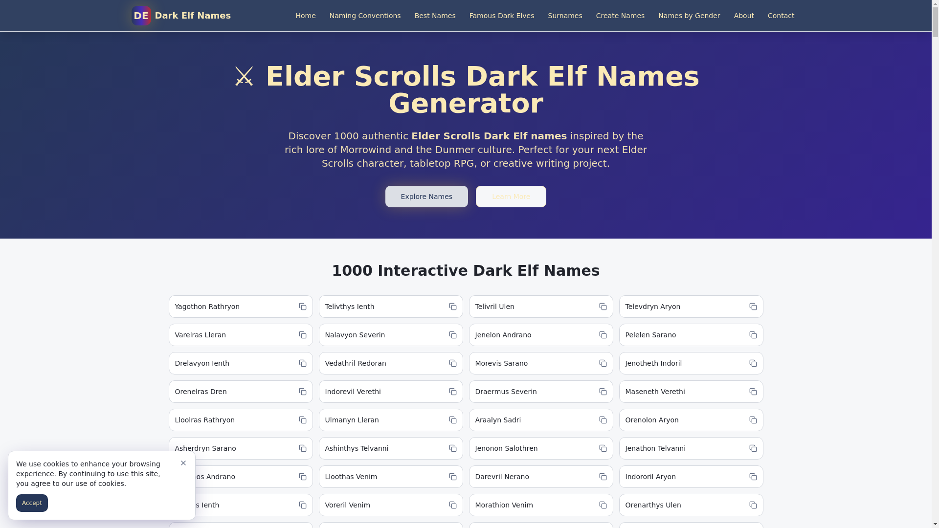 website screenshot of https://elderscrollsdarkelfnames.pages.dev/