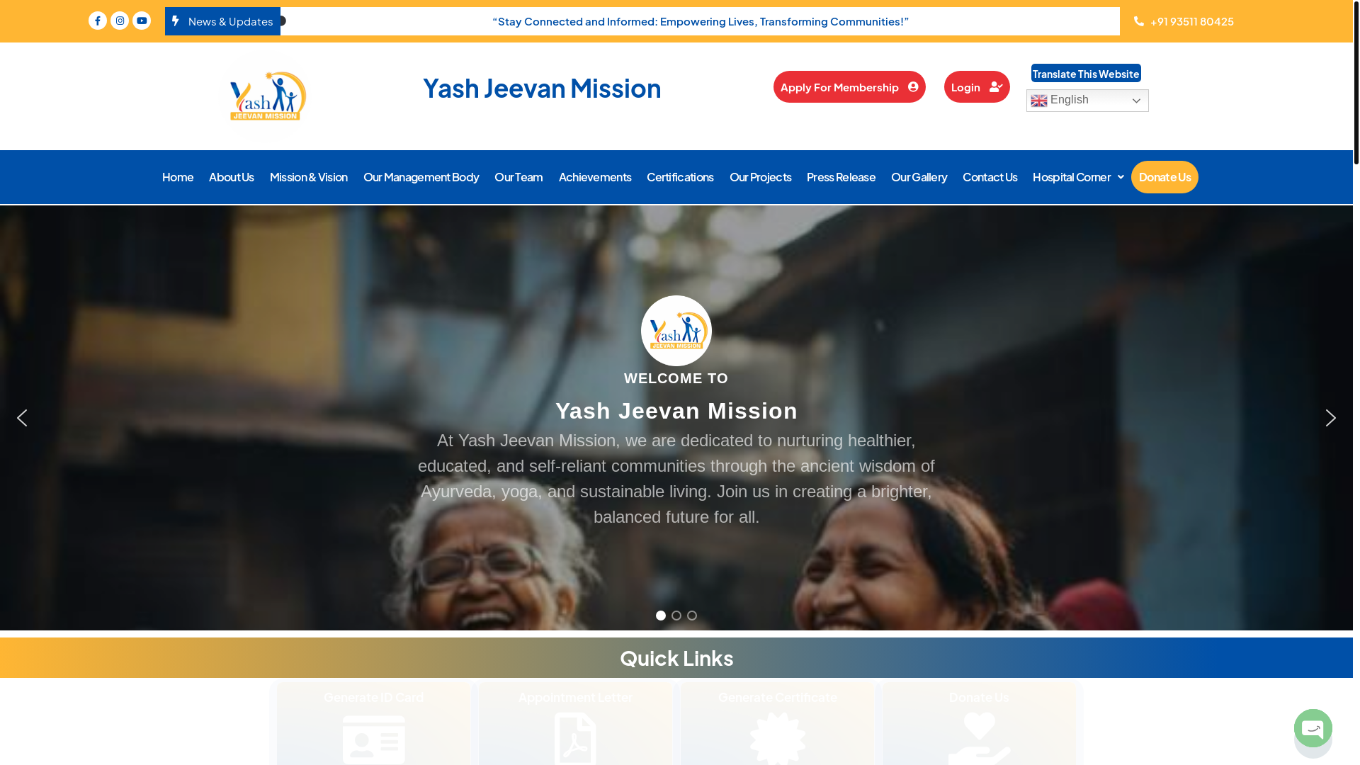 website screenshot of https://yashjeevanmission.in/