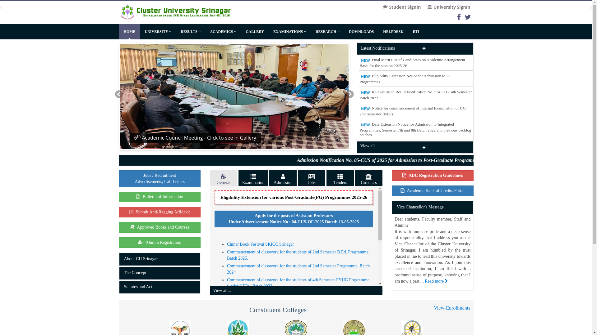 website screenshot of https://www.cusrinagar.edu.in/