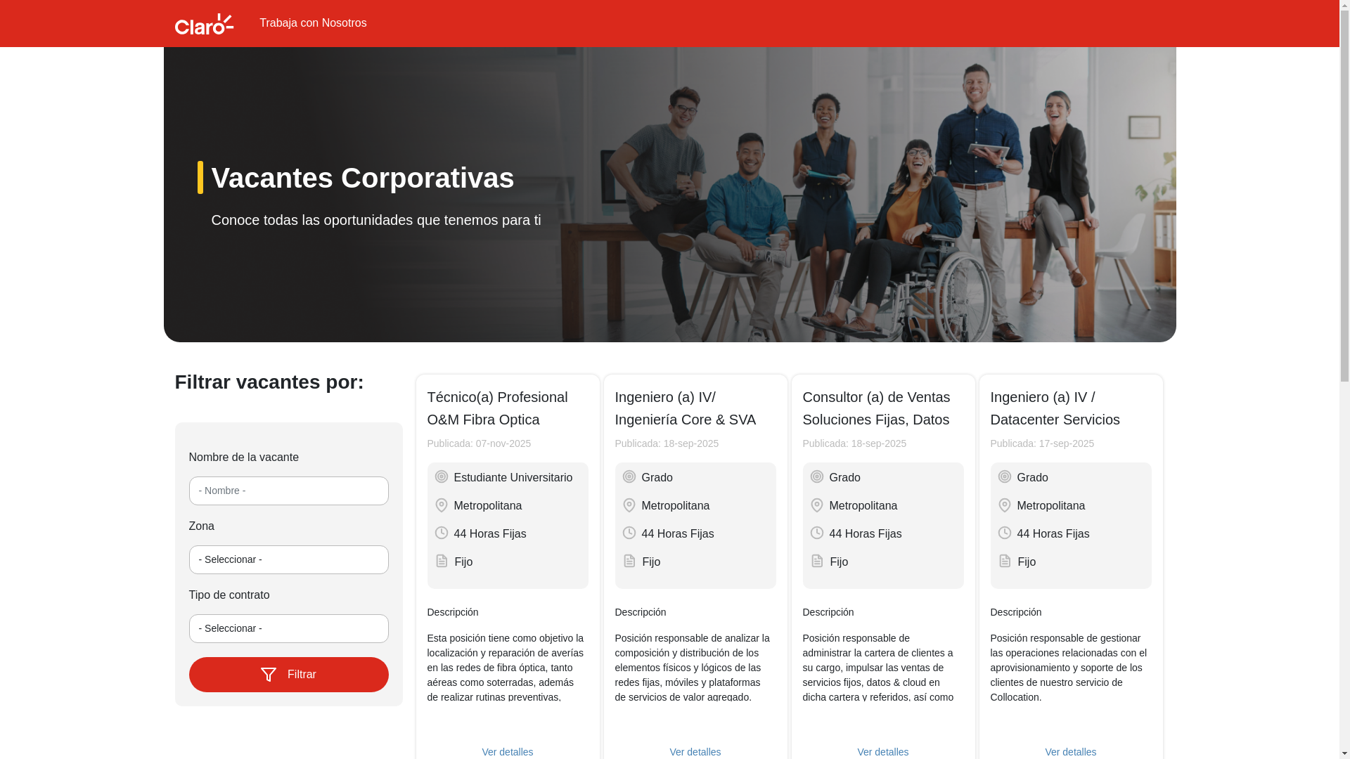 website screenshot of https://cazatalentos.claro.com.do/ReclutamientoClaro/indexVacantesCorporativas.do