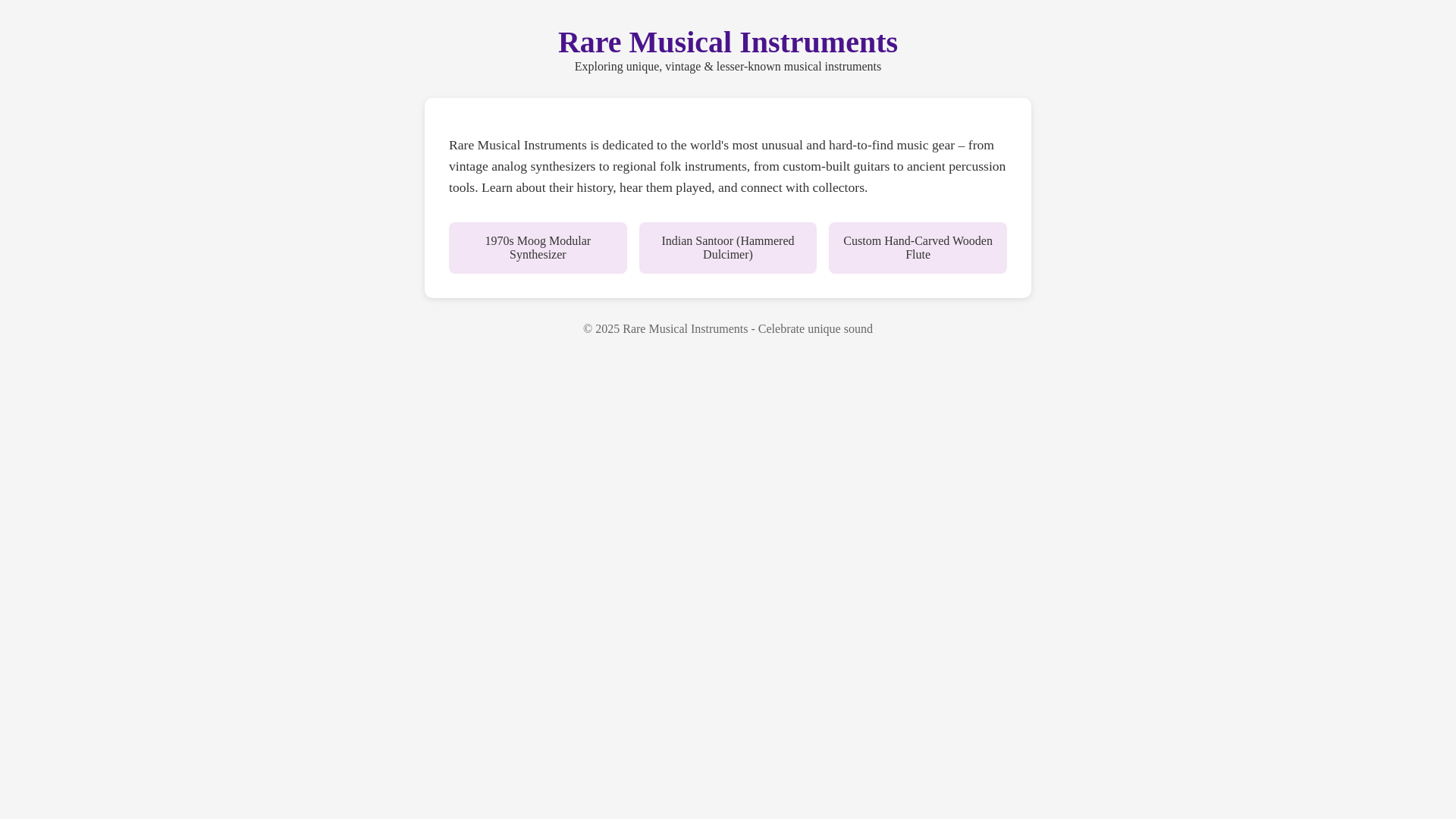 website screenshot of https://raremusicalinstruments.site/