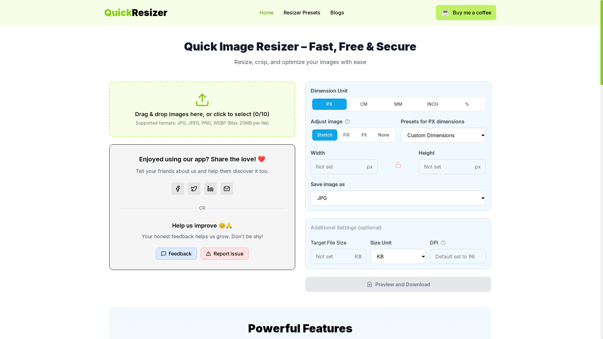website screenshot of https://quickresizer.app/