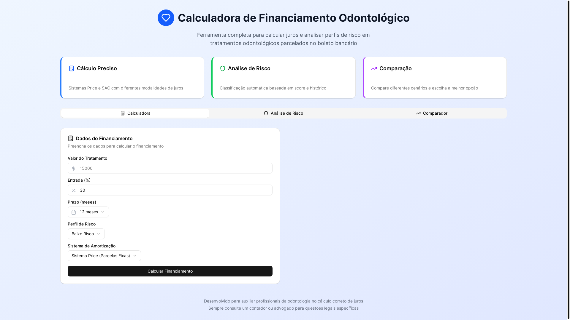 website screenshot of https://calculejurosodonto.com.br/