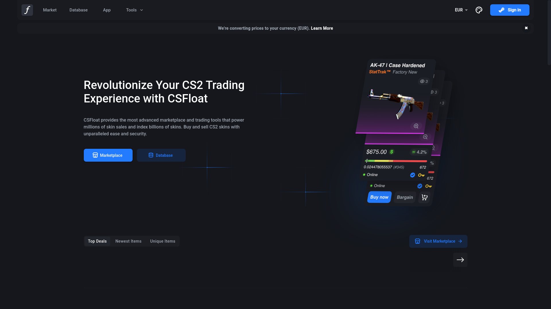 website screenshot of https://csfloats.com/