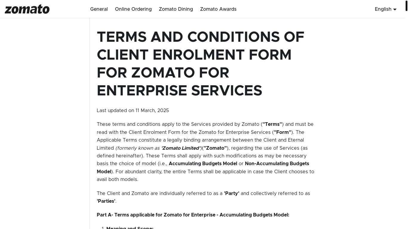 website screenshot of https://www.zomato.com/policies/zomato-for-enterprise/v2/