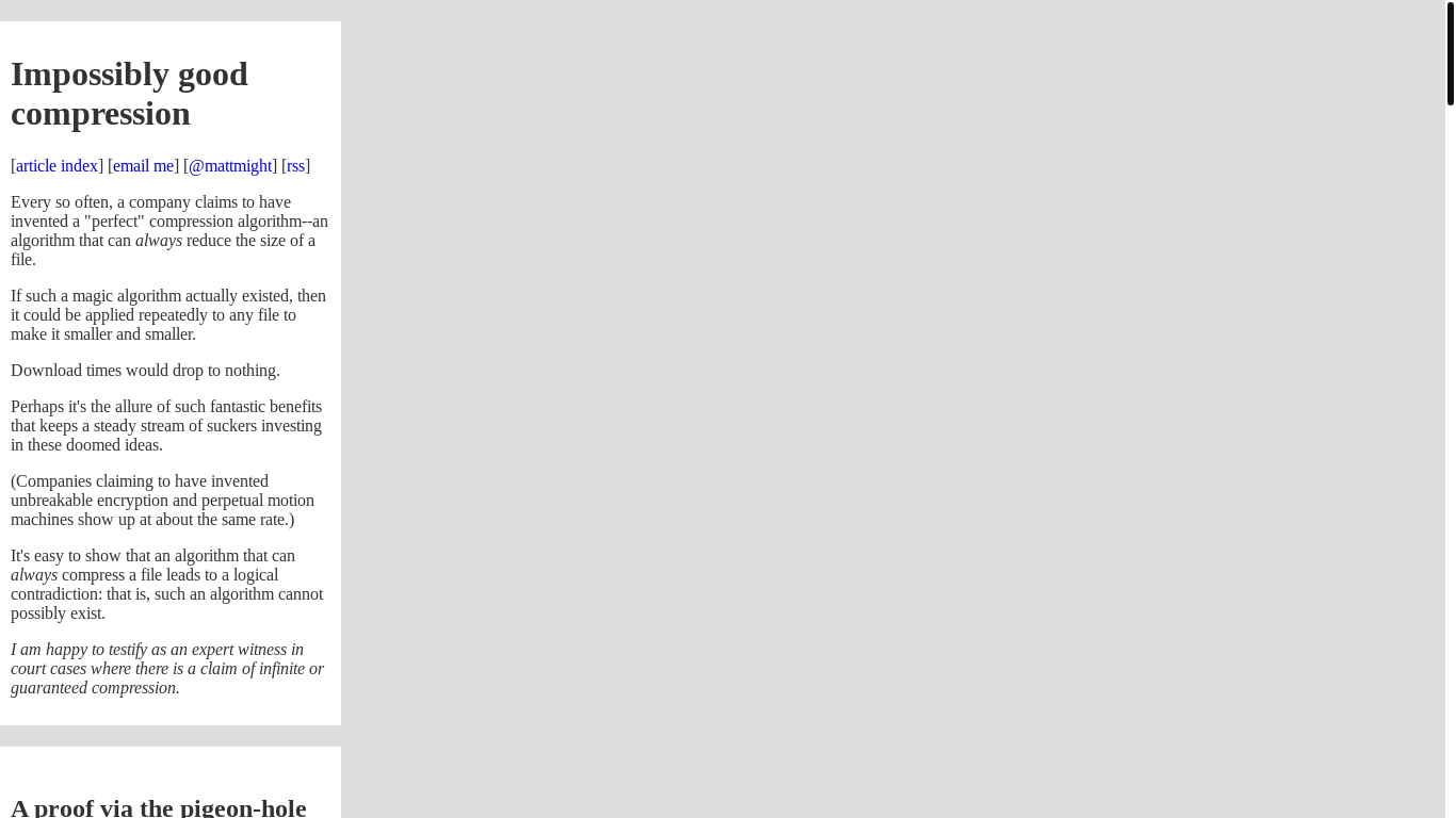 website screenshot of https://matt.might.net/articles/why-infinite-or-guaranteed-file-compression-is-impossible/