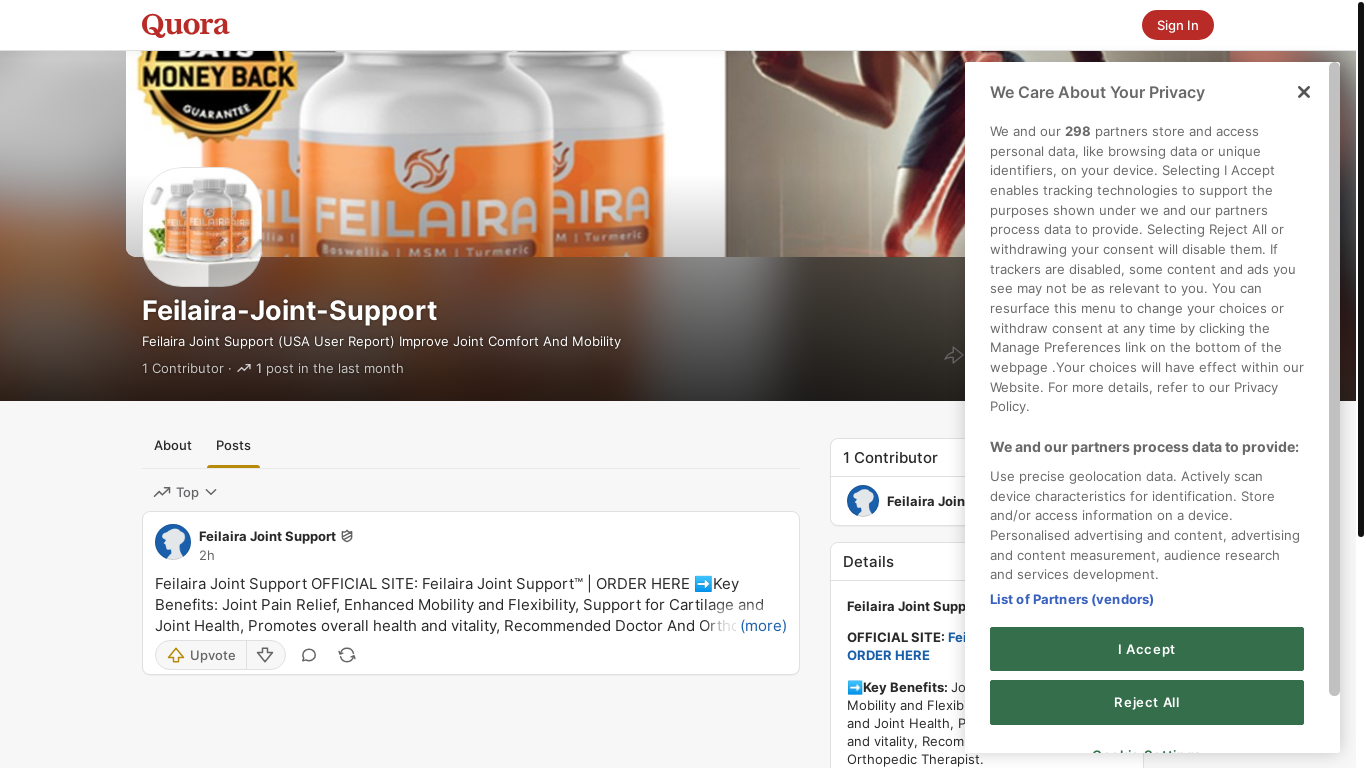 website screenshot of https://feilairajointsupport.quora.com/