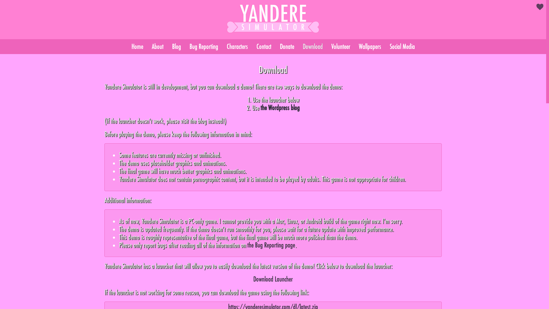 website screenshot of https://yanderesimulator.com/download/