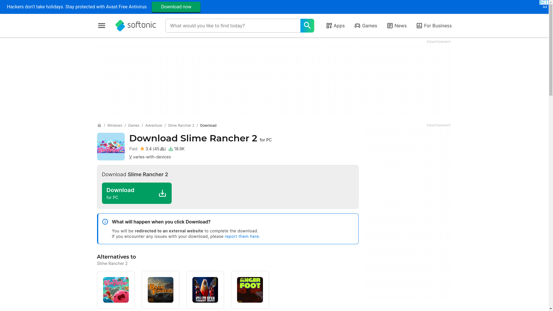 website screenshot of https://slime-rancher-2.en.softonic.com/download