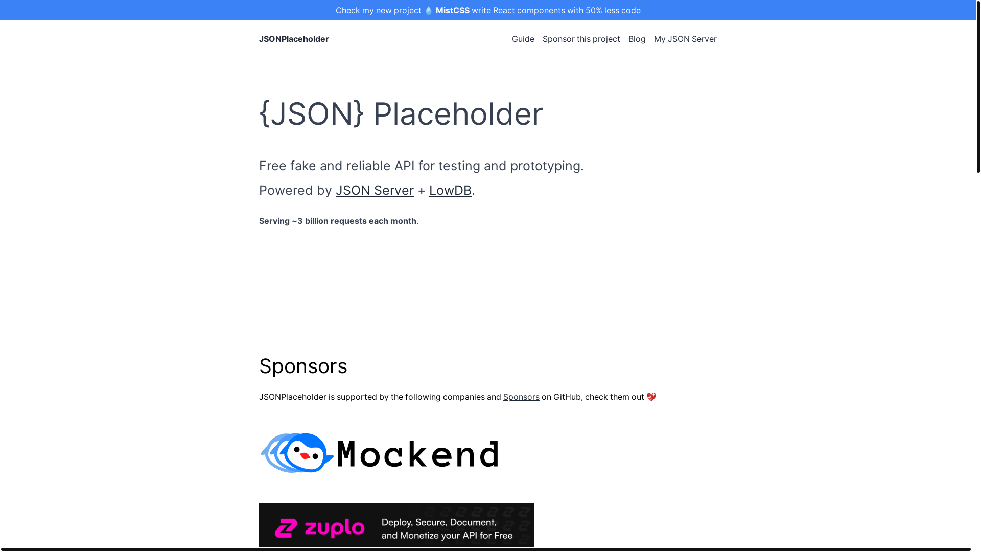 website screenshot of https://jsonplaceholder.typicode.com/