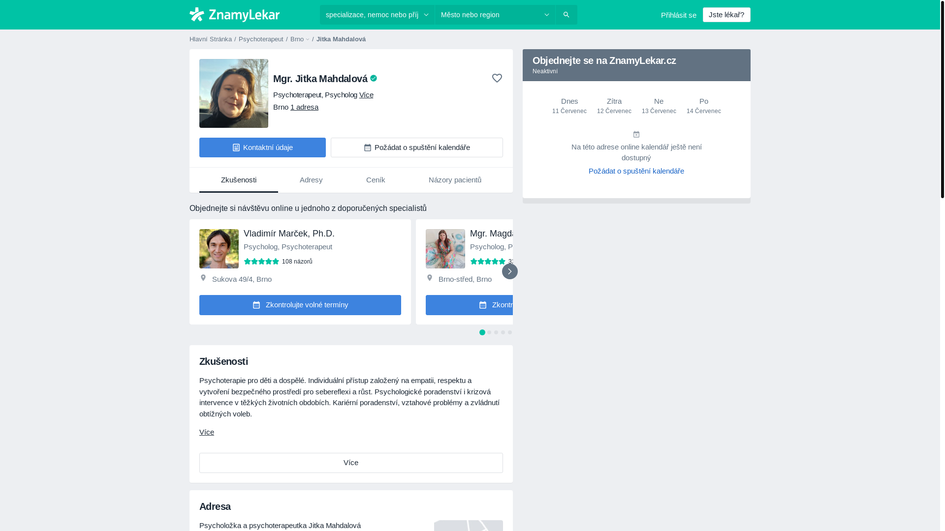 website screenshot of https://www.znamylekar.cz/jitka-mahdalova/psychoterapeut-psycholog-detsky-psycholog/brno