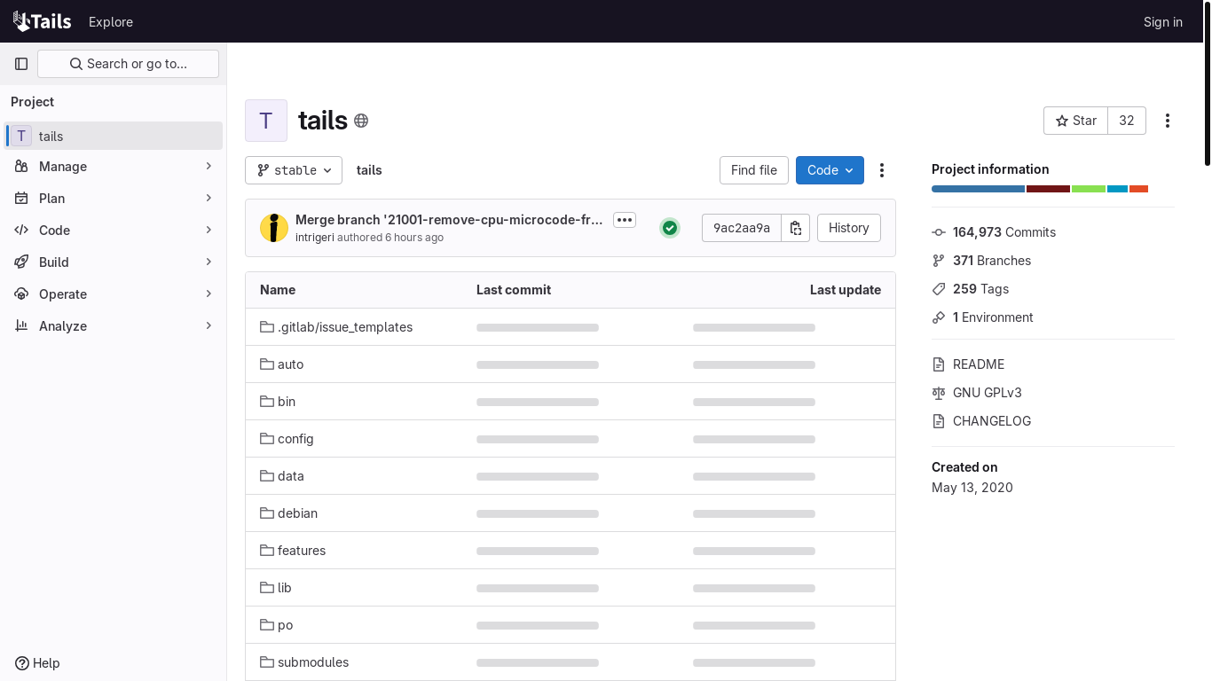 website screenshot of https://gitlab.tails.boum.org/tails/tails